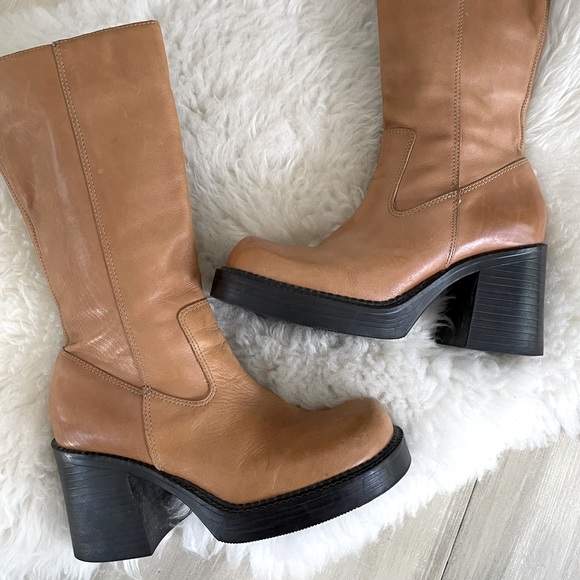 Vintage Shoes - SOLD-Vintage Y2K chunky platform square toe Nine West camel leather boots